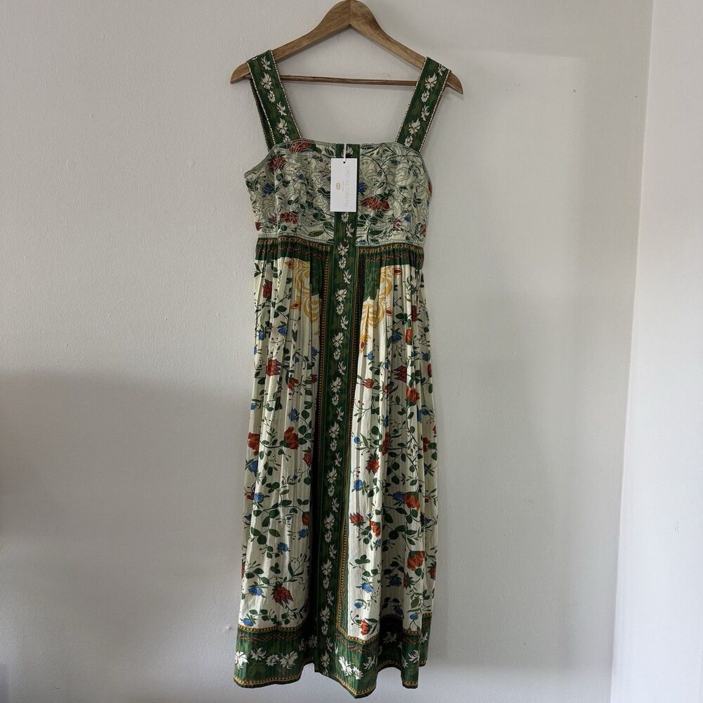 Caroline Constas S Green Midi Dress Floral Euro Summer Cottagecore Wedding Guest